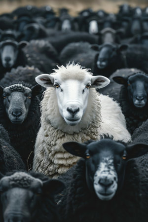 A single white sheep looks directly at the camera while standing amidst a flock of black sheep, illustrating the concept of standing outの素材