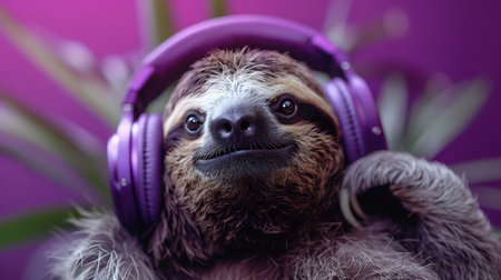 A relaxed sloth enjoying music with purple headphones, matching the playful purple backdropの素材