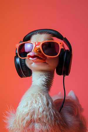 Duck with sunglasses and headphones, orangepink backgroundの素材