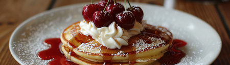 Decadent gourmet pancakes topped with cherries, syrup, and whipped cream, a sweet treat for a lavish breakfast or brunchの素材