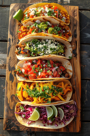 Assorted colorful tacos on wooden board, vibrant toppings, overhead view, bright lightの素材