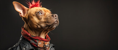 Dog with vibrant mohawk and leather jacket, dark backgroundの素材