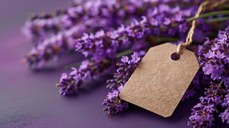 Lavender flowers adorned with a blank tag, placed on a purple surface, offer a calming visual suitable for various designs and messagesの素材