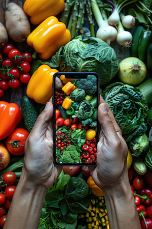 Smartphone held above fresh vegetables, topdown view, bright colorsの素材