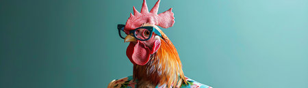 Rooster in floral suit and glasses, teal background, quirky portraitの素材