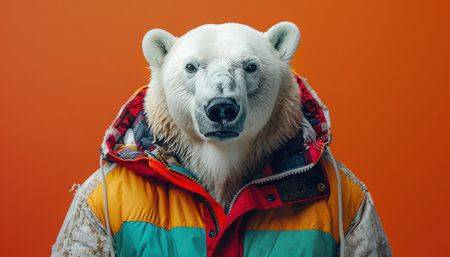 Polar bear wearing a colorful jacket, bright orange background, studio lighting, surreal portraitの素材