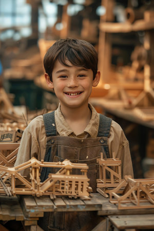 Young boy with wooden bridge models, smiling in a workshopの素材