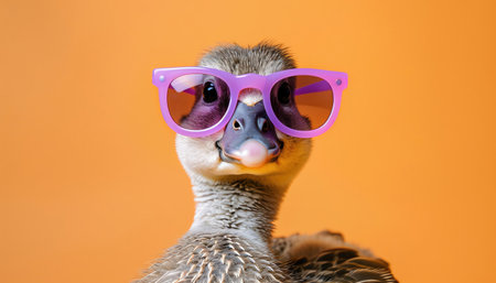 Goose with purple sunglasses, orange background, studio shotの素材