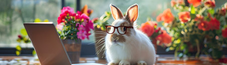 Cute rabbit wearing glasses and using a laptop, with flowers in the backgroundの素材