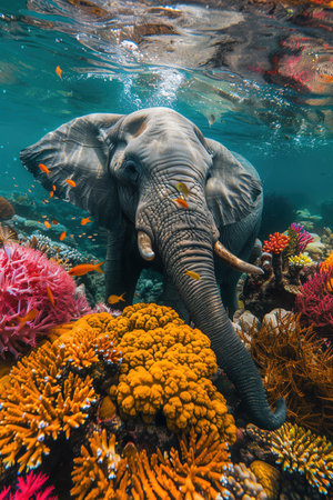 Elephant swimming underwater with snorkeling gear, vibrant coral reefの素材