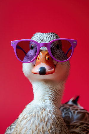 A quirky portrait of a duck sporting stylish purple sunglasses against a vibrant red backgroundの素材