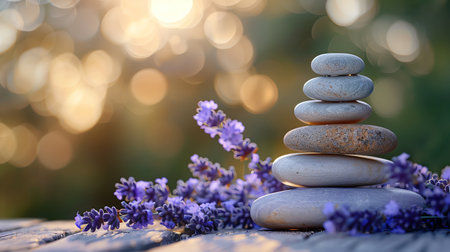 A tranquil arrangement of zen stones and fresh lavender flowers on a wooden surface against a blurred natural backdropの素材