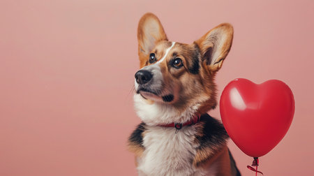 An adorable Corgi dog with a heartshaped balloon tied to its collar against a soft pink background, exuding love and happinessの素材