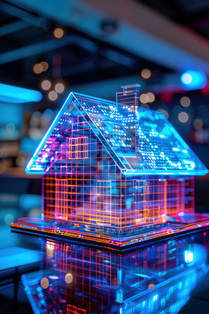 A futuristic concept of an ecofriendly house displayed with a glowing digital interface, illustrating smart and sustainable livingの素材