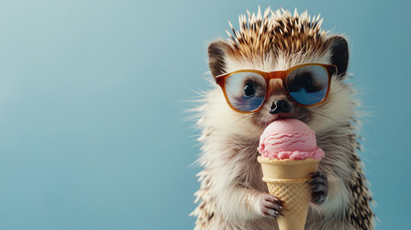 A hedgehog wearing sunglasses and holding a pink ice cream cone, against a blue backgroundの素材