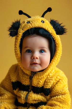 Baby in bee costume, yellow backdrop, front view, adorable and sweetの素材