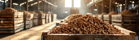 Crates of cashews in a spacious warehouse, sunlight streaming in, rustic and naturalの素材