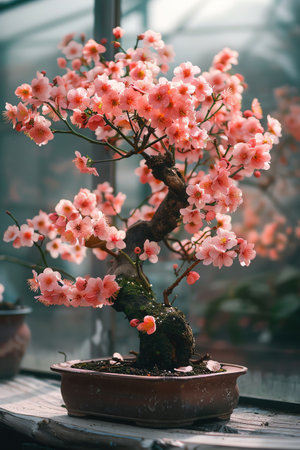 Bonsai tree with pink blossoms, soft lighting, serene and delicateの素材