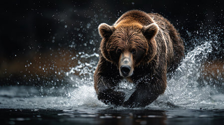Bear running in water, dark background, action shot, powerful and dynamicの素材