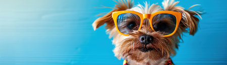 A small dog wearing sunglasses and a Hawaiian shirt, with a blue backgroundの素材