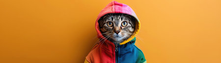 Cat in rainbow hoodie, bright background, cheerful and funの素材