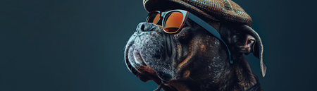 Dog in cap and sunglasses, dark background, profile view, tough and trendyの素材