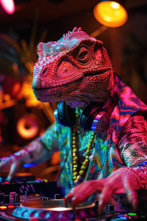 Dinosaur DJ at club, colorful lights, vibrant and funの素材