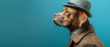 Dog in suit and hat, blue background, profile view, stylish and coolの素材