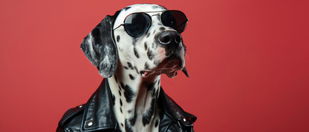 Dalmatian wearing sunglasses and a leather jacket, stylish and coolの素材
