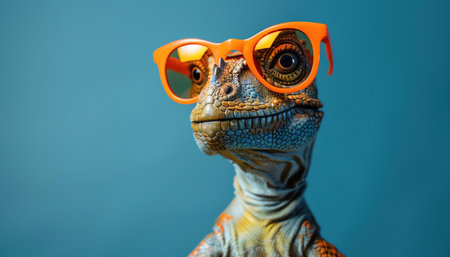Dinosaur with orange sunglasses, blue background, whimsical and funの素材