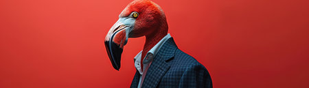 Flamingo in suit, red background, elegant and surrealの素材