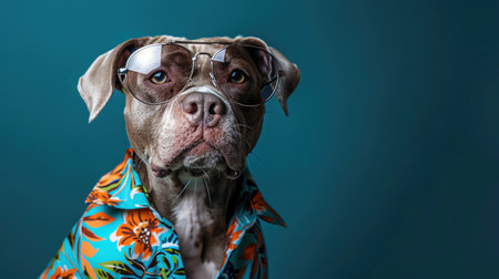 Dog in sunglasses and shirt, studio lighting, closeup, quirky and stylishの素材