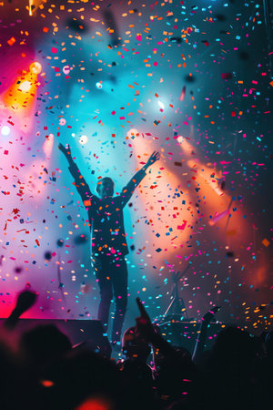 Person celebrating at a concert, confetti falling, vibrant lightsの素材