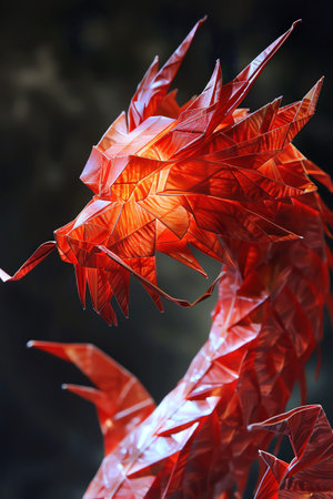 Red origami dragon, dramatic lighting, artistic and intricateの素材