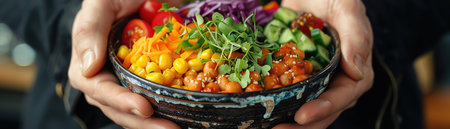 Hands holding a bowl of colorful, freshly prepared foodの素材