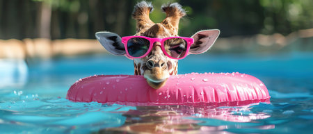 Giraffe in pool with pink float, sunglasses, bright and playfulの素材