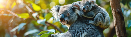 Koala with baby on back, daylight, closeup, adorable and nurturingの素材