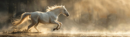 Majestic white Pegasus galloping through mist, dramatic light, low angleの素材