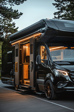 Modern, sleek black RV parked with an open door showing a stylish interiorの素材