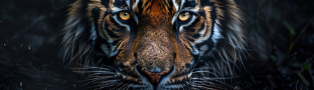 Tiger emerging from darkness, intense stare, powerful and stealthyの素材