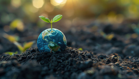Small globe with a sprouting plant, placed on a pile of soil against a minimalistic backgroundの素材