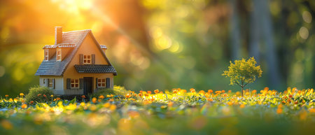 A charming miniature house on a bright green lawn basking in the golden sunlight of a peaceful dayの素材
