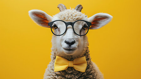 A comical sheep wearing oversized glasses and a yellow bow tie against a bright yellow background, portraying a smart lookの素材