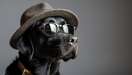 A darkcolored dog wearing sunglasses and a hat, set against a grey backgroundの素材