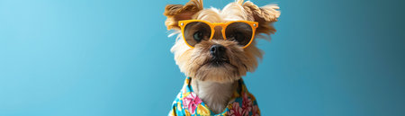 A small dog wearing sunglasses and a Hawaiian shirt, with a blue backgroundの素材
