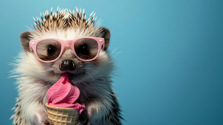A hedgehog wearing sunglasses and holding a pink ice cream cone, against a blue backgroundの素材