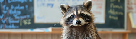 Cute raccoon standing by whiteboard, classroom settingの素材