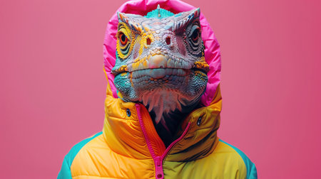 Dinosaur in colorful jacket, pink background, quirky and vibrantの素材
