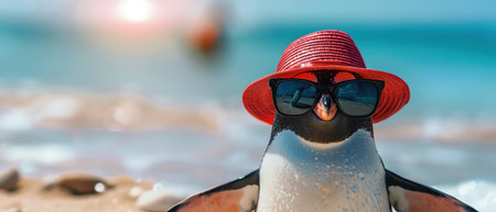 Penguin in sunglasses and hat, beach backdrop, relaxed and cuteの素材