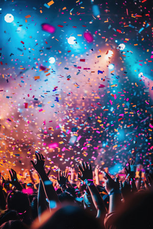 Person celebrating at a concert, confetti falling, vibrant lightsの素材